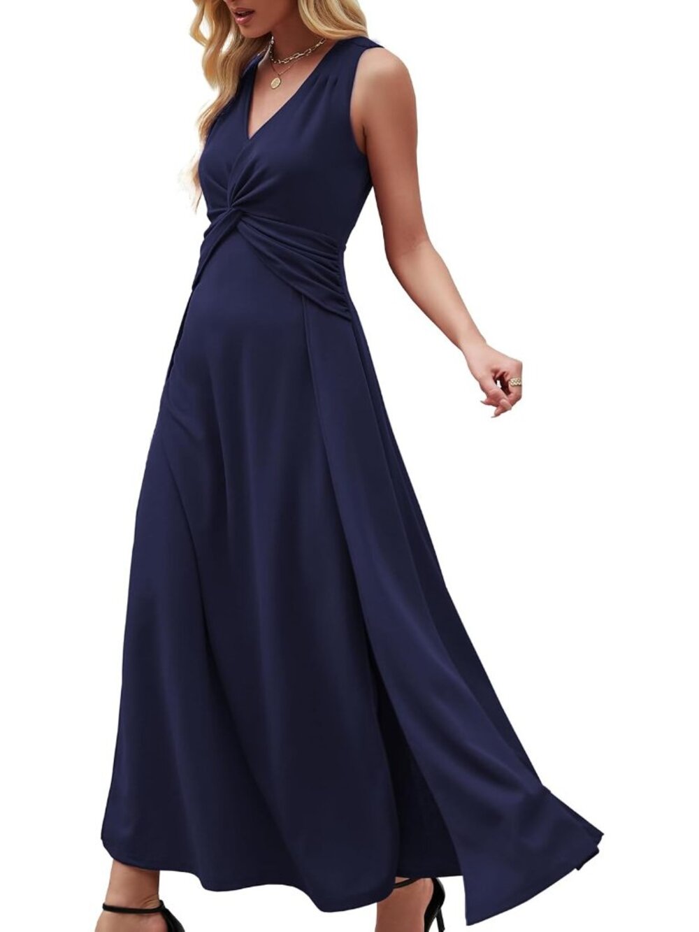 Women's Navy Blue V Neck Sleeveless Back Zipper Formal Weddings Guest Maxi Dress